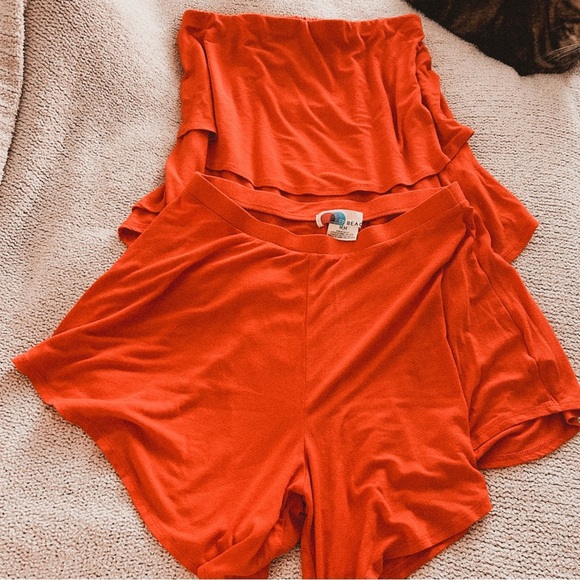 Free people red orange strapless layered + relaxed boho short sunsational set - Picture 4 of 10